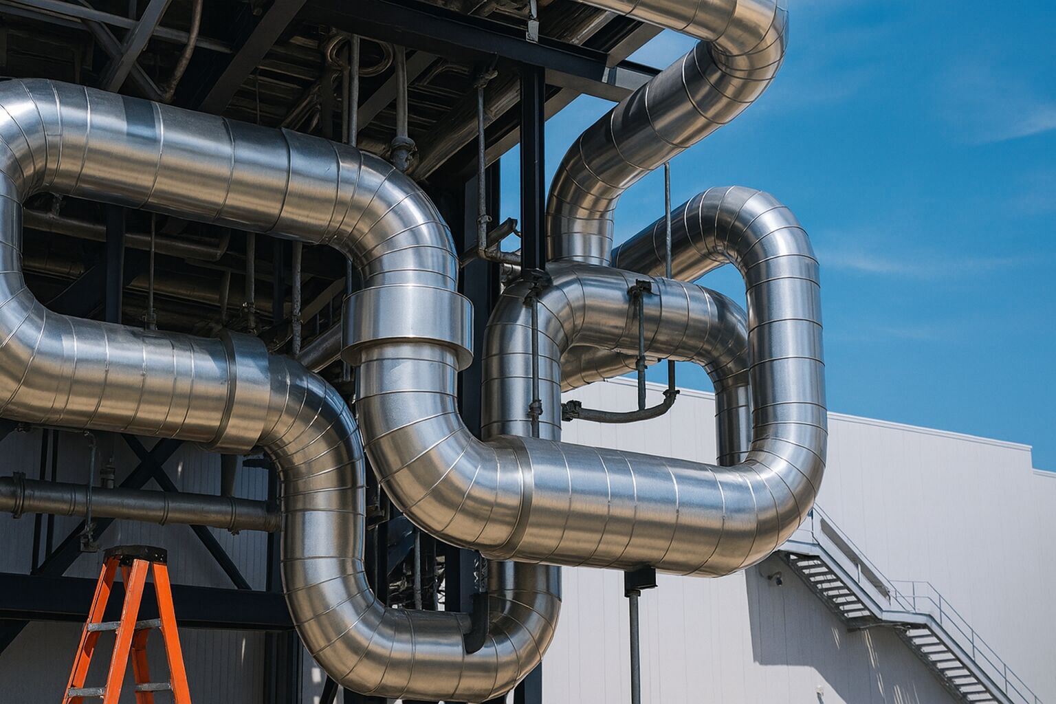 Insulated metal pipework with bends and valves running outside a white industrial building.