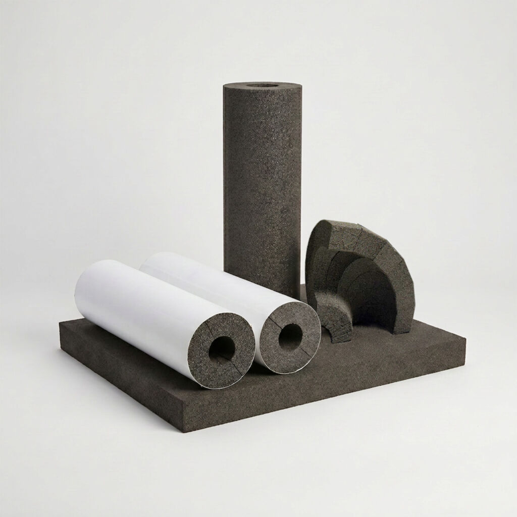 Foamglass cellular glass insulation pieces in dark gray showing tube, half-shell and board forms.