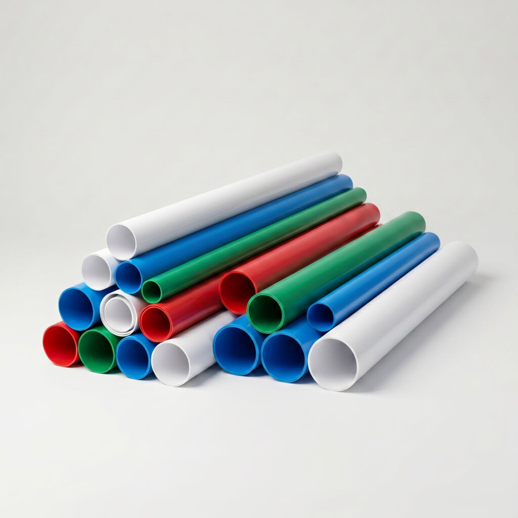 Stack of multi-colored PVC pipe sections in white, blue, green and red on a light gray surface.