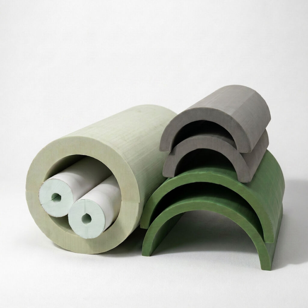Phenolic foam pipe insulation in sage and gray-green showing tubes, curves and pipe collars.