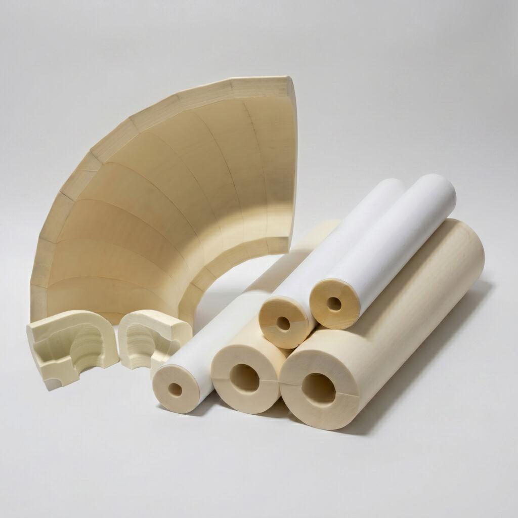 Cream polyisocyanurate foam pipe insulation showing tubes, an elbow segment and arched pipe cover.