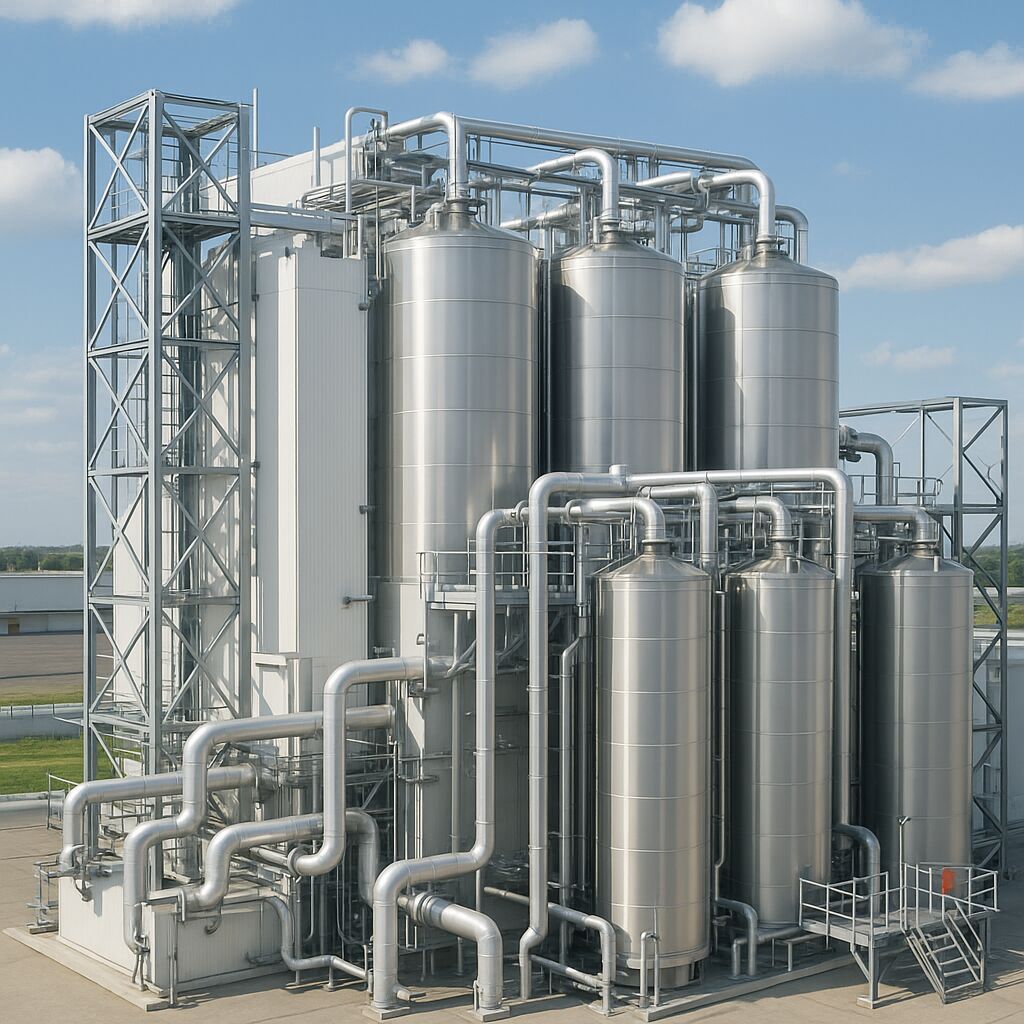 Stainless steel industrial processing plant with vertical tanks and interconnecting pipework.