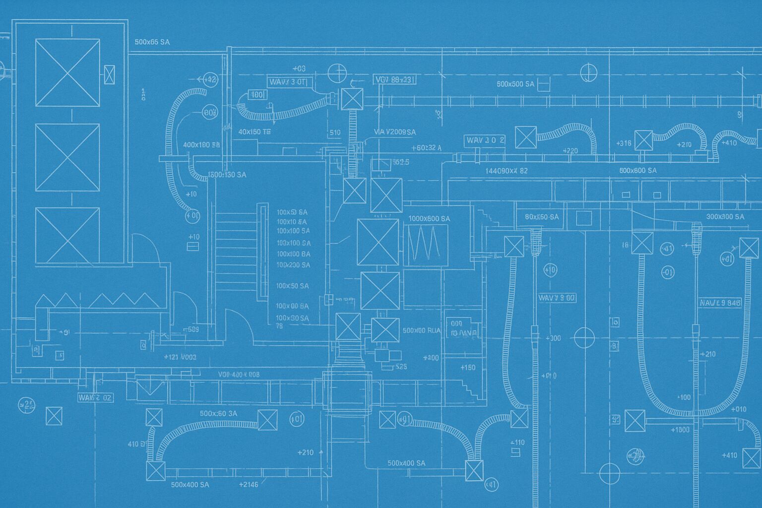 Blueprint of HVAC ductwork system with labeled dimensions on a blue grid background.