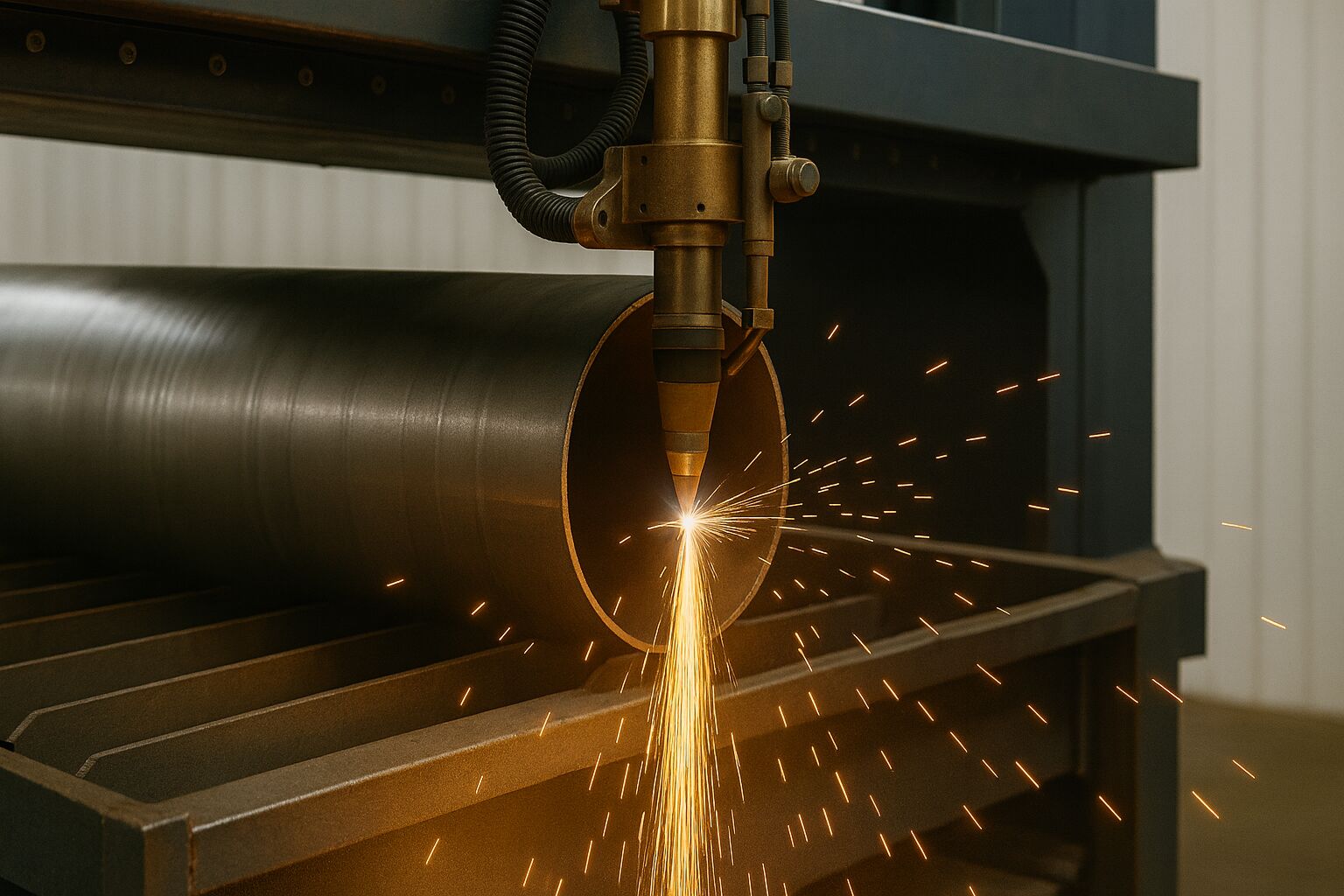 Automated plasma cutter slicing through a steel pipe with bright orange sparks flying.