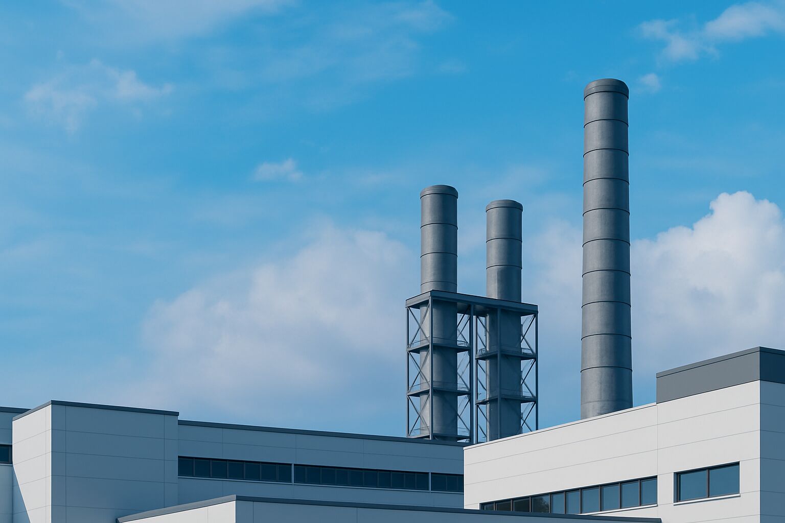 Industrial facility exterior with three concrete smokestacks against a blue sky with clouds.