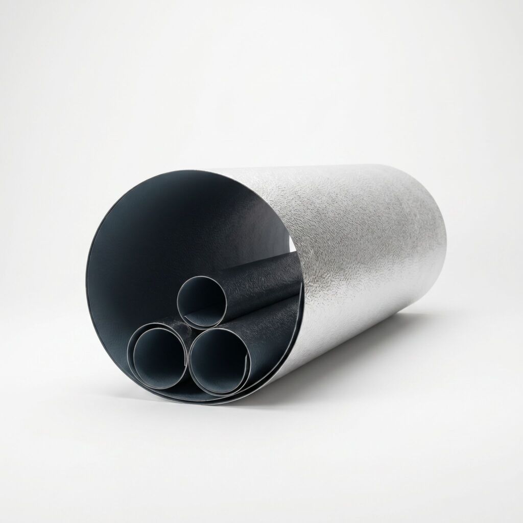 Stainless steel pipe jacket cylinder revealing three smaller black inner pipes inside.