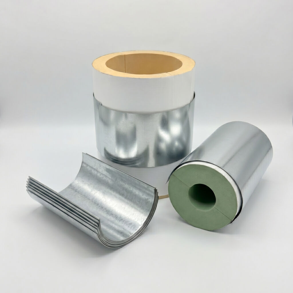 Pipe support insulation showing a rigid foam core wrapped with metal jacketing and connectors.