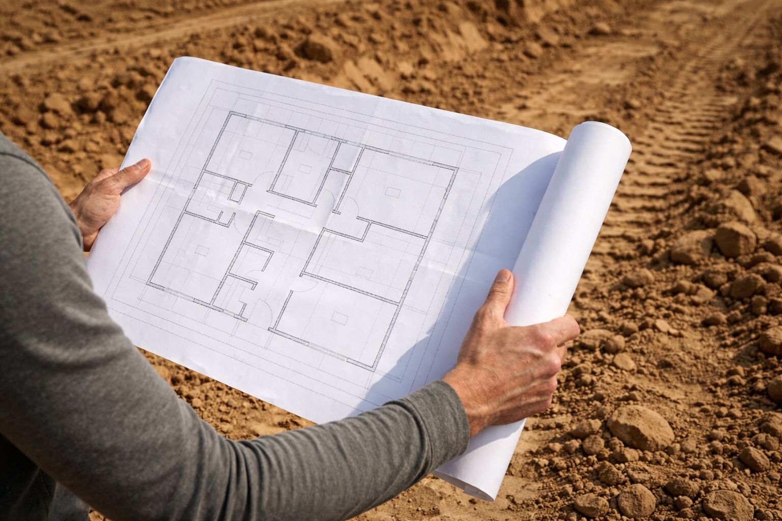 Person reviewing a rolled architectural floor plan on bare construction site soil.